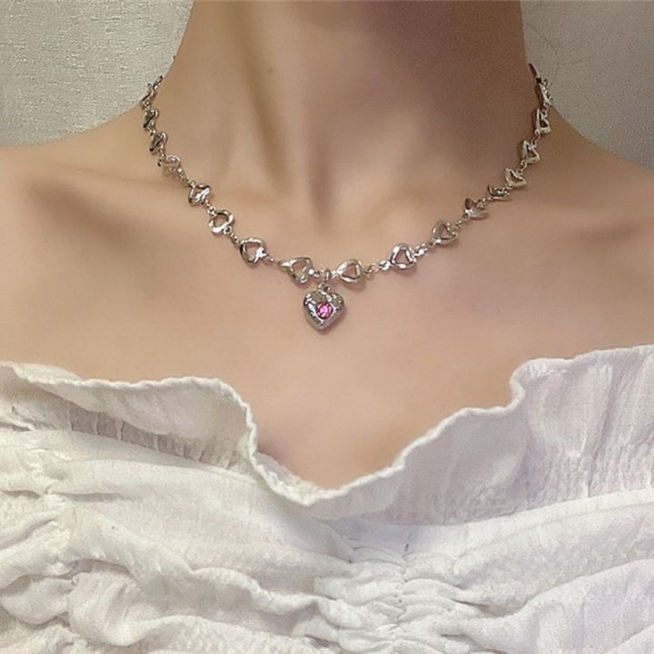 vintage-punk-pink-love-heart-pendant-short-necklaces-for-women-goth-korean-fashion-choker-necklace-y2k-aesthetic-jewelry-gifts
