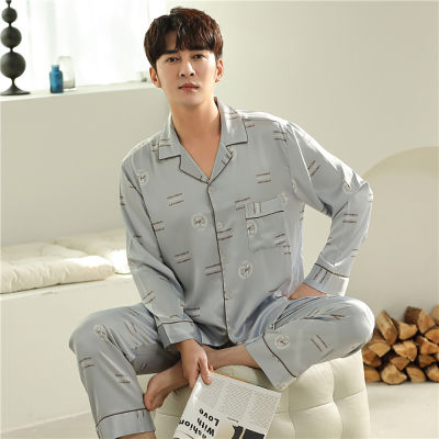 Spring Ice Silk Thin Pajama Sets Men Summer Pajama Male Print Sleep Tops+Elastic Waist Trousers Loose Soft Pijama Sleepwear Sets