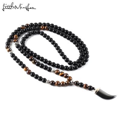 2019 Luxury Long Necklace Tiger eye natural stone Beads Men 39;s Black Hematite horn tooth Pendants Necklace Geometry Jewelry gift