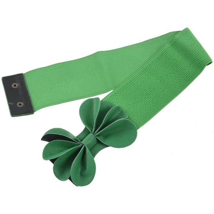 green-faux-leather-flower-7-5cm-wide-elastic-cinch-belt-for-woman