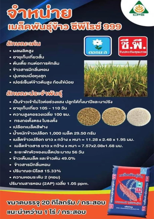 ส่งฟรี-ซีพีไรซ์-999-cprice-999-พันธุ์ข้าวเจ้าหอม-ซีพีไรซ์999-ตราดอกมะลิ-บรรจุ-20-กก