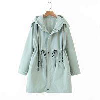 Adherebling Za Woman 2021 Autumn Drop Shoulder Hooded Trench Coat Drawcord Waist Casual Loose Long Zipper Jacket Female Green