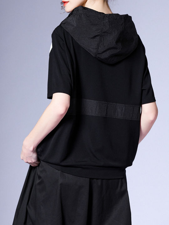 xitao-t-shirt-loose-letter-print-patchwork-women-hooded-t-shirt
