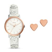 Fossil Neely นาฬิกาข้อมือหนังสีขาวสามเข็มและชุดกล่องเครื่องประดับ ES4383SET