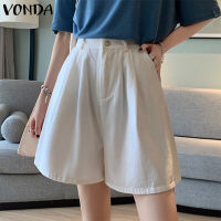 (จัดส่งฟรี)Fancystyle VONDA กางเกงขาสั้นมีจีบทรงหลวมอเนกประสงค์ของผู้หญิงกางเกงทรงเอสีทึบแฟชั่นลำลอง