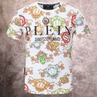 เสื้อยืดแขนสั้น Philipp Plein สำหรับผู้ชาย,เสื้อจับจีบแขนสั้นพิมพ์ลายตัวอักษรพลอยเทียมสไตล์ยุโรปและอเมริกาเสื้อเสื้อยืดคอกลม2023