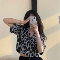 Womens new leopard crop top with loose polo neck and short sleeves