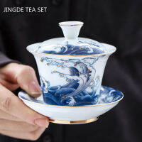 ประณีตเคลือบเซรามิค Gaiwan เค้าร่างทองสีขาว Porcelain ชา Tureen ถ้วยชาในครัวเรือนชุดชาจีนชาม