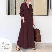 ผู้หญิงกระเป๋าเสื้อ Maxi Dress เก๋สีทึบแขนยาวกระดุมแถวเดียว A-Line ชุดผ้าฝ้าย F Emme สบายๆฤดูใบไม้ร่วงเสื้อผ้า