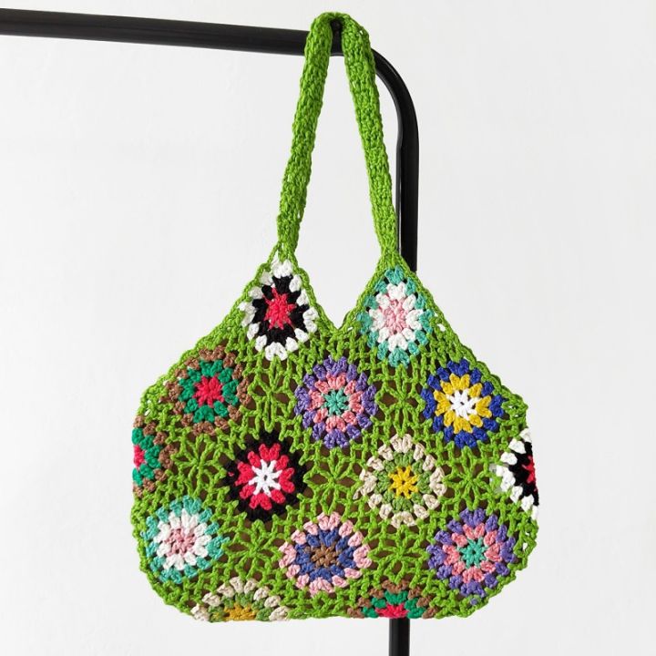 กระเป๋าถักลายดอกไม้หลากสีวินเทจสำหรับเดินทางอินเทรนด์กระเป๋าถือทำมือกระเป๋าถัก