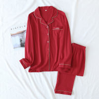 New spring and autumn couple knit pajamas, long-sleeved trousers, two-piece 100 cotton red mens and womens home service suit