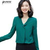 Women High Quality Professional Half Sleevve Ruffles Design Chiffon Blouses Offic Ladies Temperament V Neck Work Tops Green