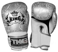 Top King Boxing Gloves Snake Black Silver (10,12,14,16 oz.) Sparring Muay Thai MMA K1 นวมซ้อม ท็อปคิงส์ ลายงู สีขาว เงิน หนังแท้ ผลิตในประเทศไทย