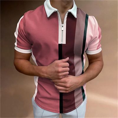 เสื้อโปโลมีซิปสำหรับผู้ชายเสื้อยืดแขนสั้นโอเวอร์ไซส์ลำลองมีกระดุมปกพิมพ์ลายทางเสื้อเชิ้ตผู้ชาย3D ทุกวัน
