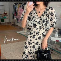 2023 WX French Summer Ink Print V-Neck Slim Dress Summer