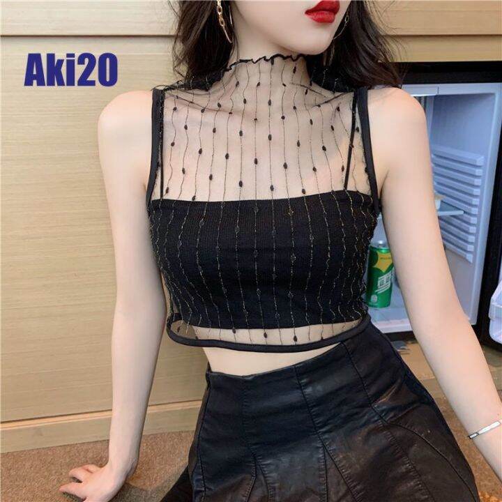 Aki20 Blouse Women Korean Style New Design 2023 Mesh Lace Beautiful Back  Camisole Vest Women's 2023 Summer New Style Strapless Outer Wear Sexy Navel  Base Sleeveless Top Crop Top