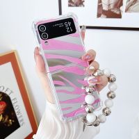 เคสโทรศัพท์มีลายม้าลายสี CSCR สำหรับ Samsung Galaxy Z Flip 4 3พร้อมสายโซ่ไข่มุกเคสกระจกสำหรับ Flip3 Z Flip4เคสป้องกันพับได้