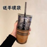 Glass cup dark green goddess 550ml large-capacity high-value water male and female straw with lid top