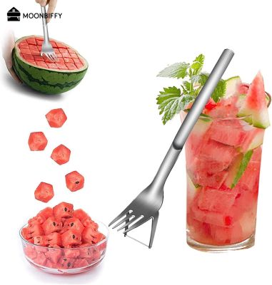[HOT P] ส้อมแตงโมมีดหั่นแตงโมมีดตัดส้อมผลไม้ทนทานที่สไลด์ผักสเตนเลสสำหรับแกดเจ็ตสำหรับครัว