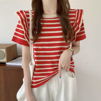 Stripe Tshirt Women Knitted Top Summer Short Sleeve Tee 2022 New Fashion Casual Korean T Shirt