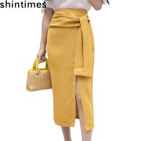 【CW】 Lace-Up Skirts Womens Clothing Split Bodycon Woman Office Waist Skirt 2022 Faldas Largas