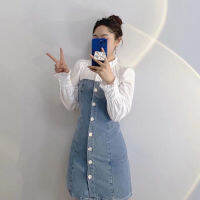 Womens 2022 Fashion New Stitching Denim Dress Casual Retro Long-sleeved Lotus Leaf Collar Female Chic Mini Skirt Mujer