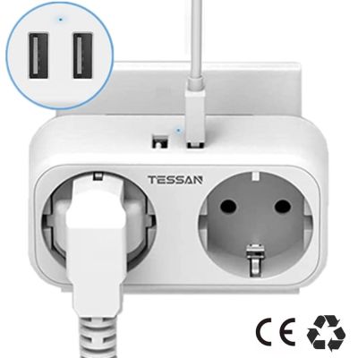 【NEW Popular】 TESSAN EUStrip Electricwith 2Outlets 2 USB PortsEuropean Plug Wall Charger Adapter สำหรับการเดินทางที่บ้าน