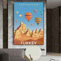 Türkiye เมืองที่ทันสมัยโปสเตอร์บอลลูนอากาศร้อนการท่องเที่ยวพิมพ์ Cappadocia การท่องเที่ยวผ้าใบวาดภาพสีวินเทจตกแต่งบ้านที่เรียบง่าย