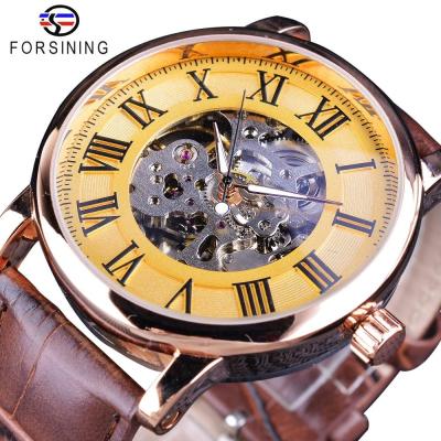 Forsining Classic Retro Design Skeleton Golden Roman Number Brown Leather Mens Mechanical Watch Top Brand Luxury Automatic Watch