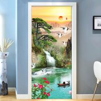 Beautiful Mountain Waterfall Door Sticker Living Room Bedroom Self-Adhesive Waterproof Mural Wallpaper For Wall 3D Decal Sticker