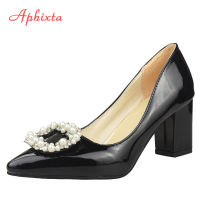 Aphixta 7cm 5cm Square Heels Patent Leather Pearl Buckle Shoes Woman Classics Pointed Toe Dress Pumps Party Big Size 48