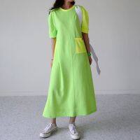 ZZOOI SHENGPALAE 2020 New Summer Women Vintage Loose High Waist Slim Was Thin Elegant Hit Color Design Short Sleeve Maxi Dress ZA4941