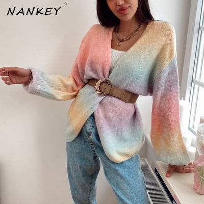 NANKEY Rainbow Gradient Single-breasted Cardigan Sweater Loose Knitted Jacket Oversized Cardigan For Woman Winter Knit Clothing