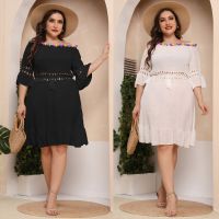 [COD] Cross-border beach blouse plus size womens tassel stitching hand hook lotus leaf edge one-neck dress 201132