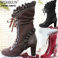 High Heel Boots Women Steampunk Women Sexy Leather Suede Boots Autumn Vintage Winter Shoes Women Lace Up Cosplay Boots HVT373