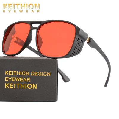 KEITHION New Retro SteamPunk Sunglasses Women Brand Designer Side Mesh Round Punk Sunglasses Men Red Grey Lens UV400