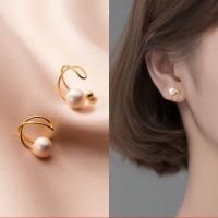 【YF】 Korean Fashion Small Pearl Clip Earrings for Women Girls Vintage Golden Geometry Ear Cuff Without Pierced Jewelry