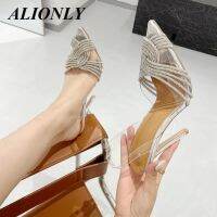 Aliononly 2022ใหม่ส้นสูงมากสำหรับผู้หญิง Sals ปลายแหลม PVC Rhinestone Stiletto Heel Roman Back Strap รองเท้าผู้หญิง