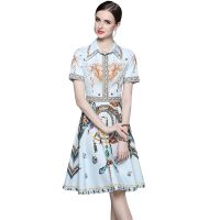 Women New Fashion Dress 2023-New Short Sleeve Lapel and Waist Tight Printed Midi Dress