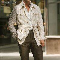 △⊕ Mens Sleeve Striped Shirt Streetwear Belted for Men Mid-length Luxury S-5XL 2023