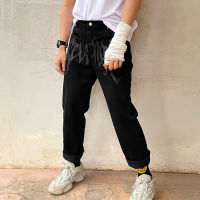 Y2K ผู้ชายกางเกงยีนส์กางเกงแฟชั่น Streetwear สีดำเย็บปักถักร้อยแนวราบถุงกางเกงยีนส์ตรงสูงถนนฮิปฮอปกางเกงชาย