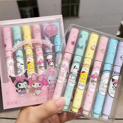 ปากกาเน้นข้อความ Sanrio 6สี,เซ็ต6ชิ้น/กล่องน่ารักหนังสือเน้นข้อความเด็กผู้หญิงลายการ์ตูน