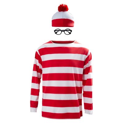 [Cos imitation] ผู้ใหญ่ชาย Where S Waldo Now สีแดงสีขาวลายคอสเพลย์เครื่องแต่งกายเสื้อเสื้อกันหนาวหมวกแว่นตาคริสต์มาสฮาโลวีนปาร์ตี้ Suit