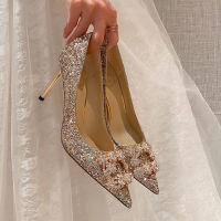 New Bridal Wedding Shoes Sequined High Heels Pumps Womens Champagne Gold Rhinestone Crystal Shoes Women Crystal Dress Shoes