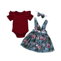 Dress For Baby Girls 3Pcs Set Foral Dresses+Romper+Headband Newborn Summer Short Sleeve Cute Clothes Costume