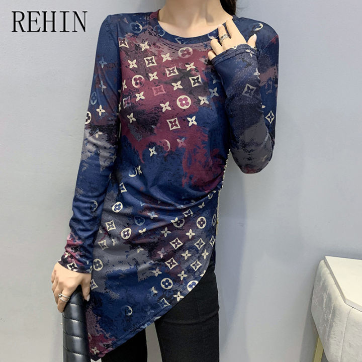 rehin-เสื้อยืดผู้หญิงพิมพ์ลายทางคอกลมแขนยาวที่ไม่สม่ำเสมอบางสง่างาม