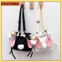 ESTRUS FASHION สำหรับผู้หญิง ผ้าใบแคนวาส กระต่ายน่ารักๆ กระเป๋าสะพายไหล่แมสเซนเจอร์ กระเป๋า Crossbody กระเป๋าทรงถัง กระเป๋าถือแบบถือ