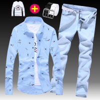 Spring Autumn Mens Long Sleeve Shirt Cotton Blends Jeans Pants 2pcs Set Casual Style Printing White Sky Blue Male Clothes