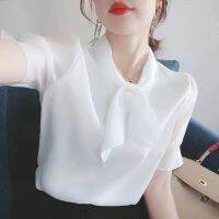 เสื้อเบลาส์เข้ารูปสำหรับสาวออฟฟิศ,เสื้อเชิ้ตเสื้อชิ้นบนแขนสั้นผ้าชีฟองคอโบว์สไตล์เกาหลีสำหรับฤดูร้อน