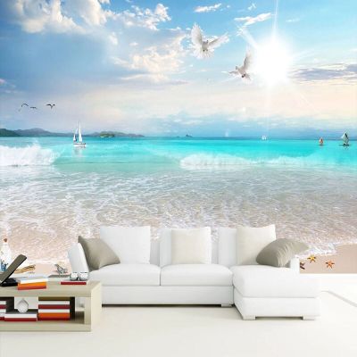 ภาพจิตรกรรมฝาผนังทะเล3มิติฟ้าใสและสีขาวบนชายหาดภาพ3D ภาพวาดผนังพื้นหลังโรงแรมแบบกำหนดเองวอลล์เปเปอร์รูปภาพห้องนั่งเล่นโซฟาทีวี
